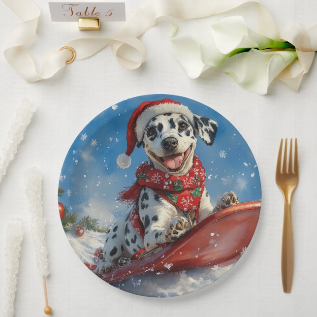 Dalmatiner Hund in Sledge Lass es Schnee Weihnacht Pappteller (Hochzeit)