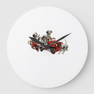 Dalmatiner-Jungtiere mit einem Spielzeug-Feuerzug Große Wanduhr