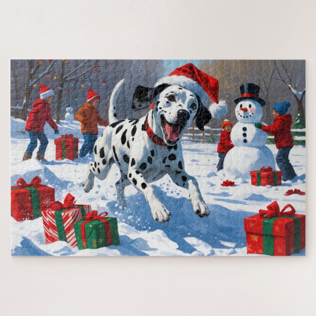 Dalmatiner läuft im Schnee mit Weihnachtshut (Horizontal)