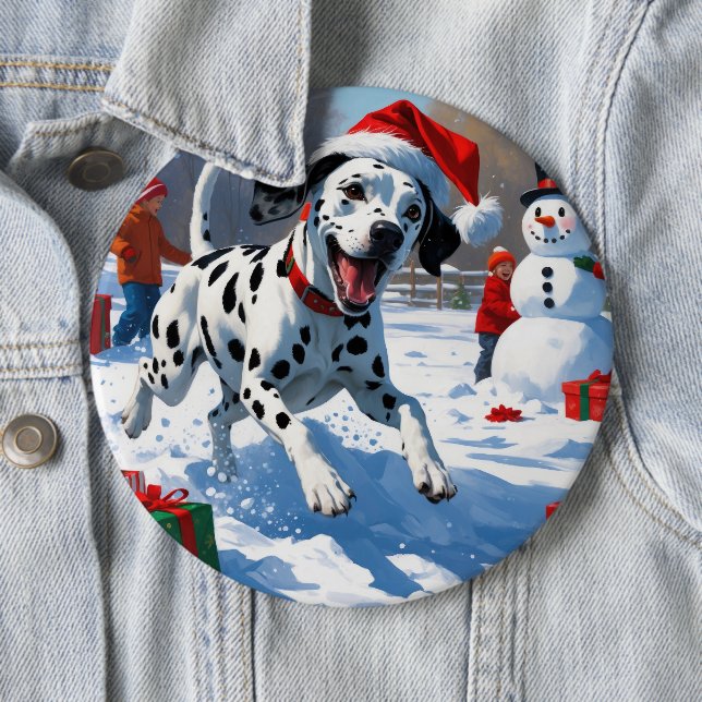Dalmatiner läuft im Schnee mit Weihnachtshut Button (Beispiel)