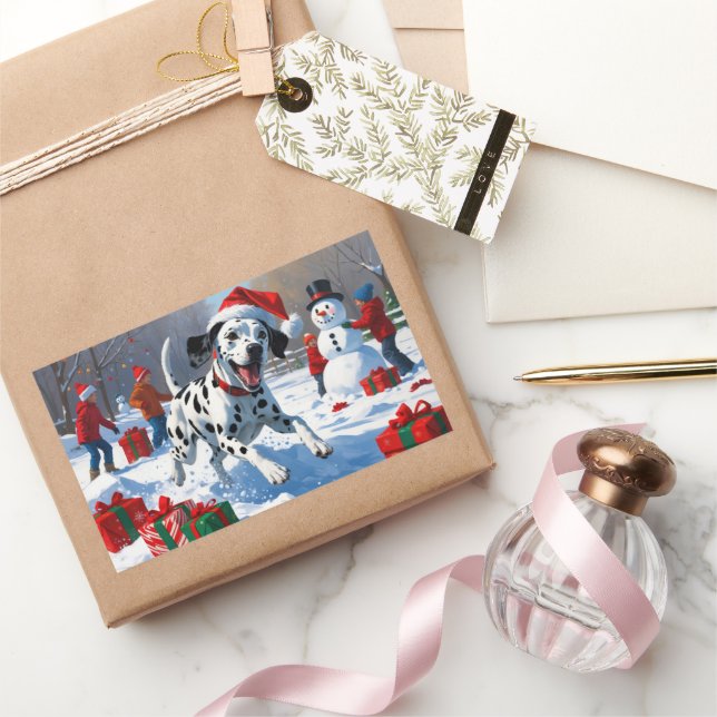 Dalmatiner läuft im Schnee mit Weihnachtshut Rechteckiger Aufkleber (Schenken)