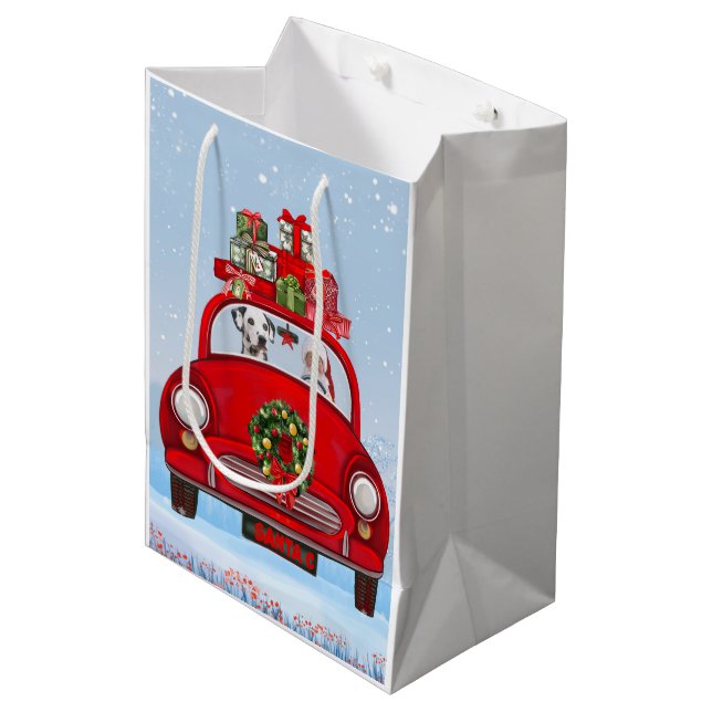 Dalmatiner mit dem Weihnachtsmann im Auto Mittlere Geschenktüte (Vorderseite Schrägansicht)