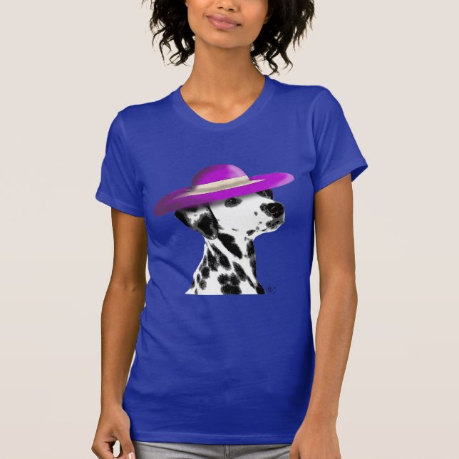 Dalmatiner mit Lila, breitgefächerten Hut T-Shirt (Vorderseite)