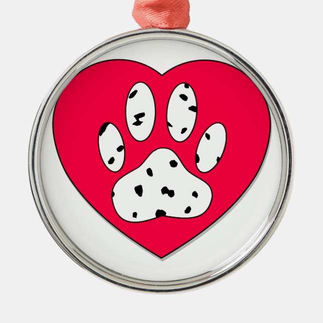 Dalmatiner Paw Print in rotem Herzen Silbernes Ornament (Vorne)