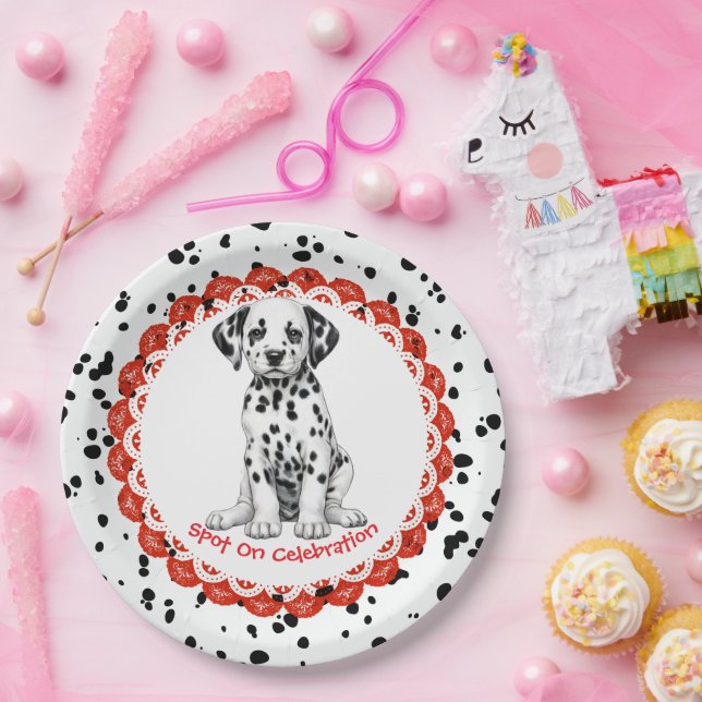 Dalmatiner Print Birthday | Schwarz-Weiß-Party Pappteller (Party)