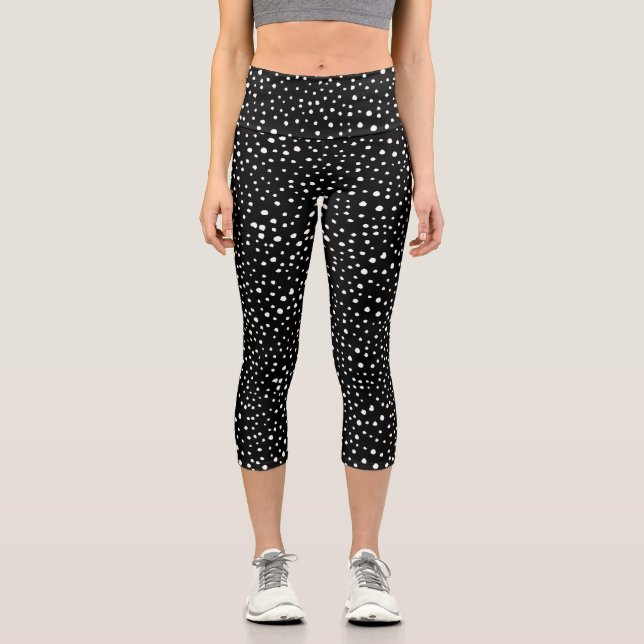 Dalmatiner Punkte, Dalmatiner Spots, Schwarz und W Capri Leggings (Vorderseite)