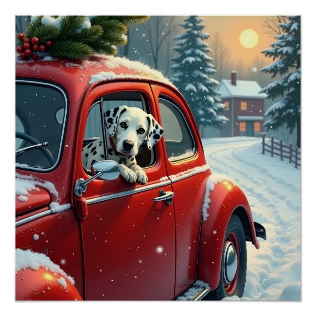 Dalmatiner-Schneefahrt-Weihnachtsbild Poster (Vorderseite)