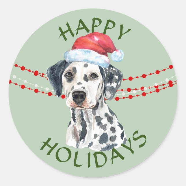 Dalmatiner Weihnachtsmannmütze Happy Holidays Runder Aufkleber (Vorderseite)