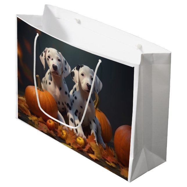 Dalmatiner Welpe Herbst Kürbis Große Geschenktüte (Vorderseite Schrägansicht)
