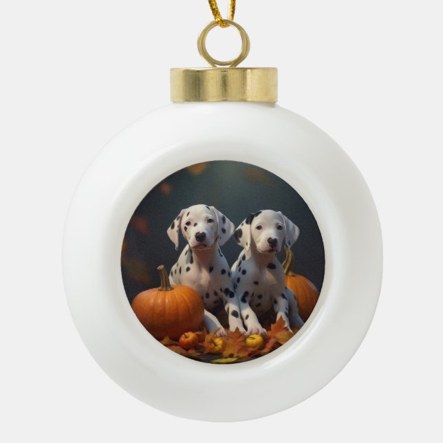 Dalmatiner Welpe Herbst Kürbis Keramik Kugel-Ornament (Vorderseite)