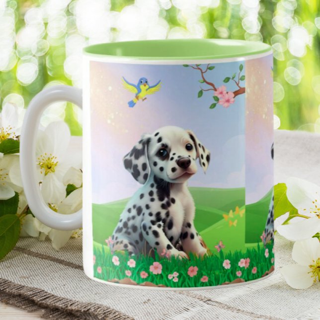 Dalmatiner Welpe sitzend in einem Kinderzimmer Zweifarbige Tasse (Von Creator hochgeladen)