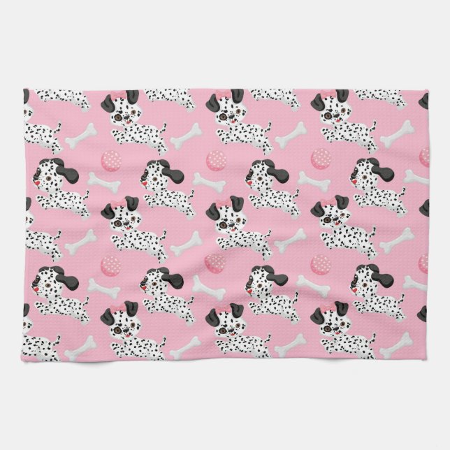 Dalmatiner Welpen Schwarze Flecken Rosa Spielzeug  Geschirrtuch (Horizontal)