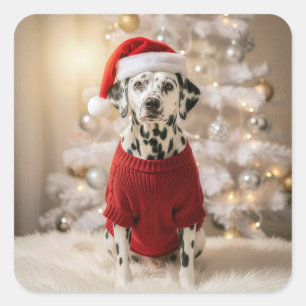 Dalmatinerhund an Weihnachten in einem roten Pullo Quadratischer Aufkleber