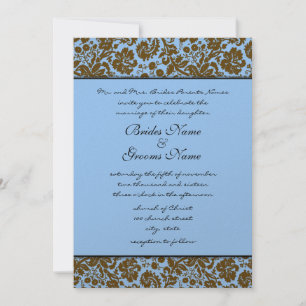 Damas Brown Sur Faire-part de mariage Bleu
