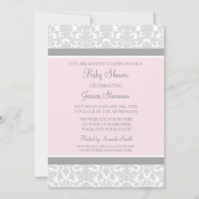 Damas gris rose Invitations de douches pour bébés  (Dos)