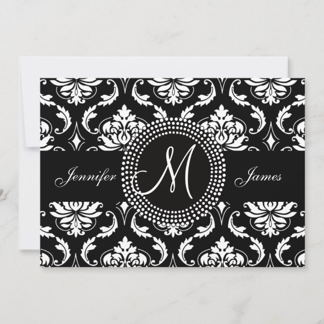 Damas noir blanc Faire-part de mariage initial (Devant)