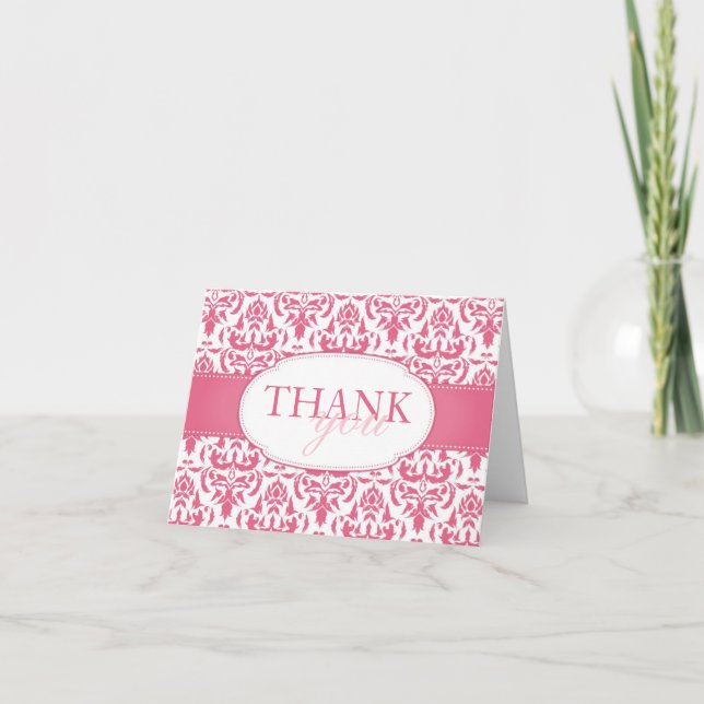 Damas rose sur blanc blanc Mariage Carte de remerc (Devant)