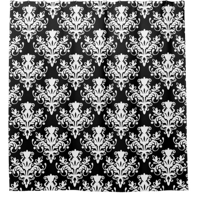 Damask 02 Muster - Weiß auf Schwarz Duschvorhang (Vorderseite)