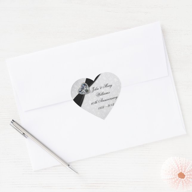 Damask 60. Hochzeitsticker Herz-Aufkleber (Umschlag)