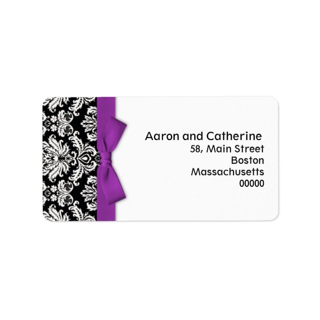 Damask Address Labels mit Lila Bow Adressaufkleber (Vorne)