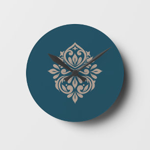Damask Ambience Mitternachtsgrün & Beige Wanduhr