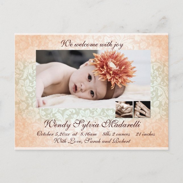 Damask Angel Birth Announcement Ankündigungspostkarte (Vorderseite)