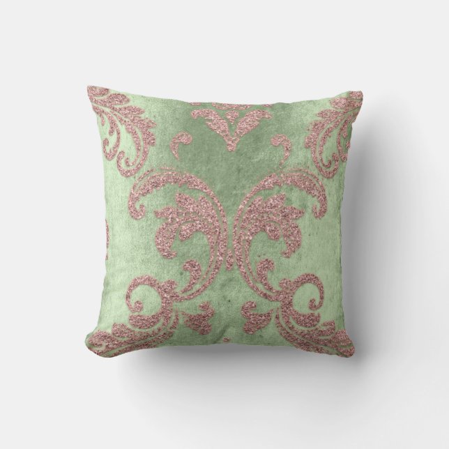 Damask Aqua Pink Blush Minze Grüne Hütte Velvet Kissen (Vorderseite)