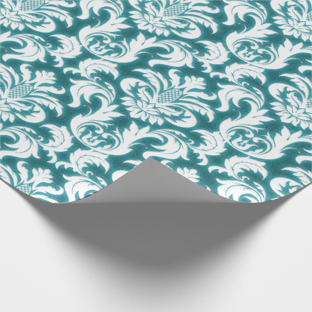 Damask Aquamarin Blue Türkise Ozean Weiße Velvet Geschenkpapier (Ecke)