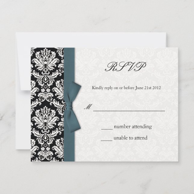 Damask Aquamarin Bow Wedding RSVP Card (Vorderseite)
