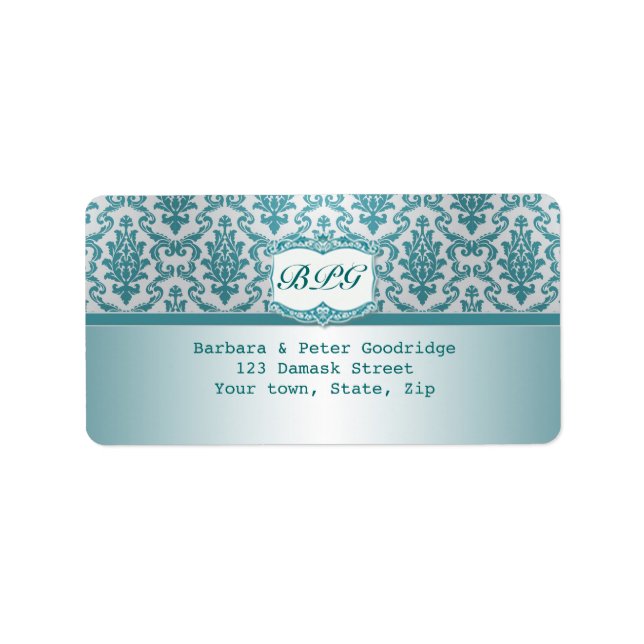Damask aquamarines Monogramm Rücksendeadresse Adressaufkleber (Vorne)