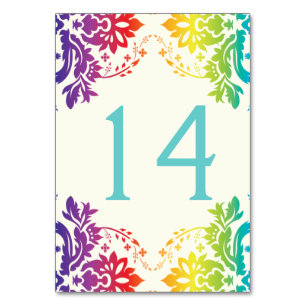 Damask arc-en-ciel mariage numéro de table carte p