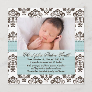 Damask Baby Announcement Blue und Brown Ankündigung