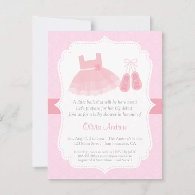 Damask Ballerina Girl Kinderdusche Einladungen (Vorderseite)