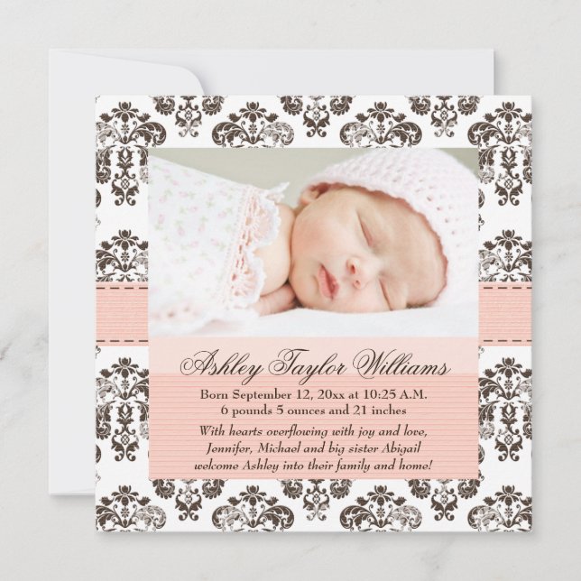 Damask Birth Announcement Pink und Brown Ankündigung (Vorderseite)