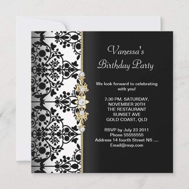 Damask Birthday Party Gold Schwarz-weiß Einladung (Vorderseite)