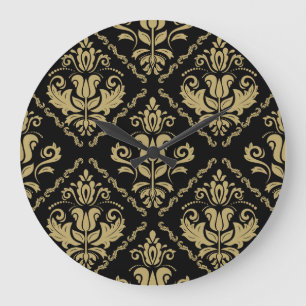 Damask Black Gold: Klassisches Ornament. Große Wanduhr