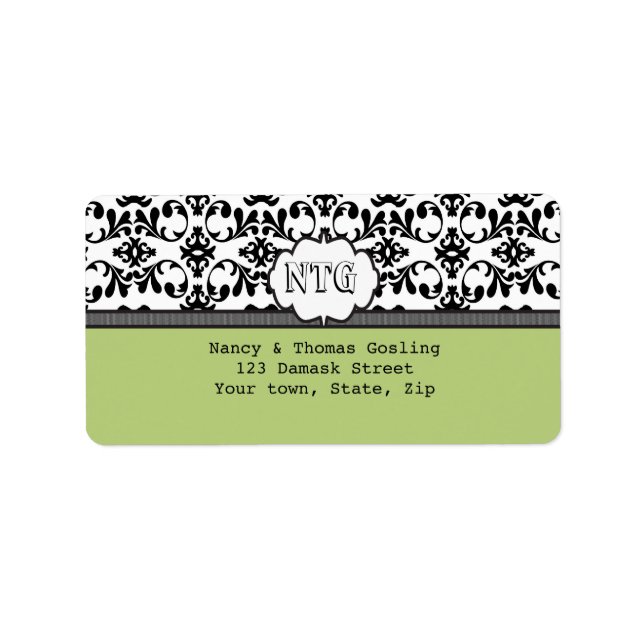 Damask black Limone monogram Wedding Label Adressaufkleber (Vorne)