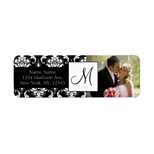 Damask Black Monogramme Mariage photo Étiquettes d (Devant)