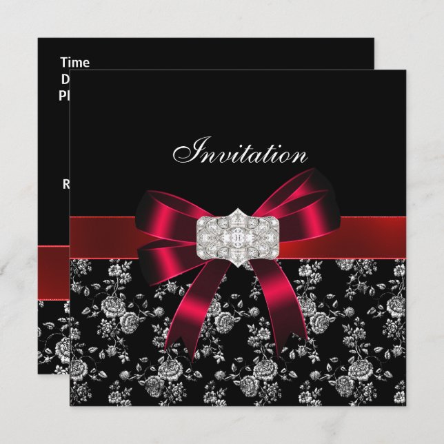 Damask Black Red White Jewel Bow Invitation (Devant / Derrière)