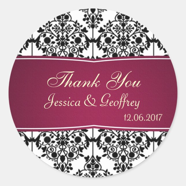 Damask black, white, magenta Danke für die Hochzei Runder Aufkleber (Vorderseite)