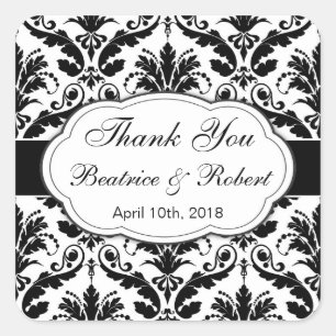 Damask black, white Wedding Danke Quadratischer Aufkleber