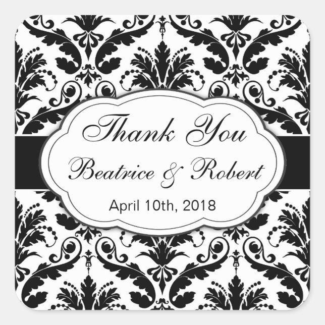 Damask black, white Wedding Danke Quadratischer Aufkleber (Vorderseite)