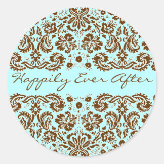 Damask Blue and Brown Wedding Runder Aufkleber