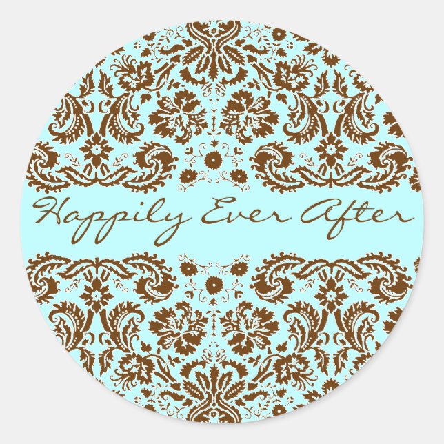 Damask Blue and Brown Wedding Runder Aufkleber (Vorderseite)