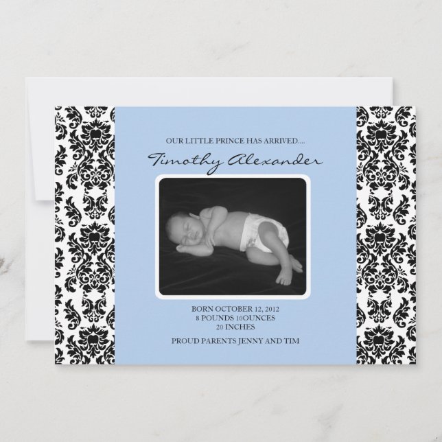 Damask Blue Birth Ankündigung (Vorderseite)
