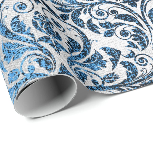 Damask Blue Navy Black Royal Gray Hütte Geschenkpapier (Rolleneckpunkt)