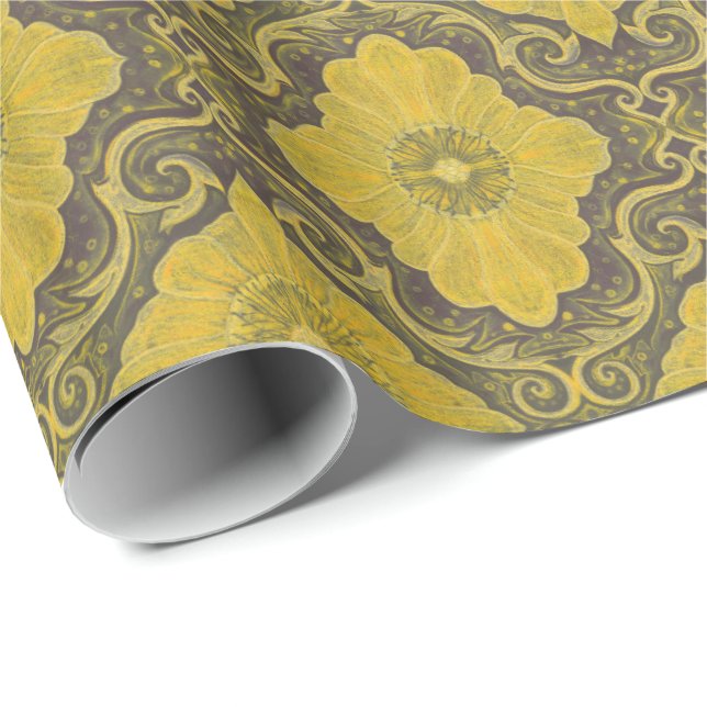 Damask Blume Vintages Bohemisches Muster Altes Gol Geschenkpapier (Rolleneckpunkt)