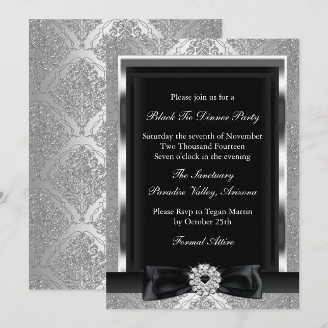 Damask & Bow Formal Black Krawatte Dinner Party ei Einladung (Vorne/Hinten)
