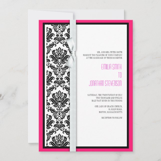 Damask Bow Hochzeitseinladung mit Hot Pink Einladung (Vorderseite)