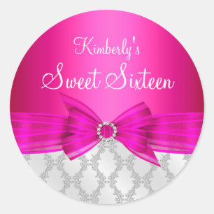 Damask & Bow Pink Sweet Sixteen Aufkleber